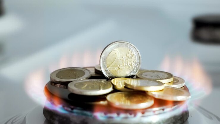 Concept of gas crisis. 2 Euro coins is burning on a kitchen stove burner and fall when the gas end. High prices of natural resources. Fire flame. Utility debt. Energy war. Saving home budget