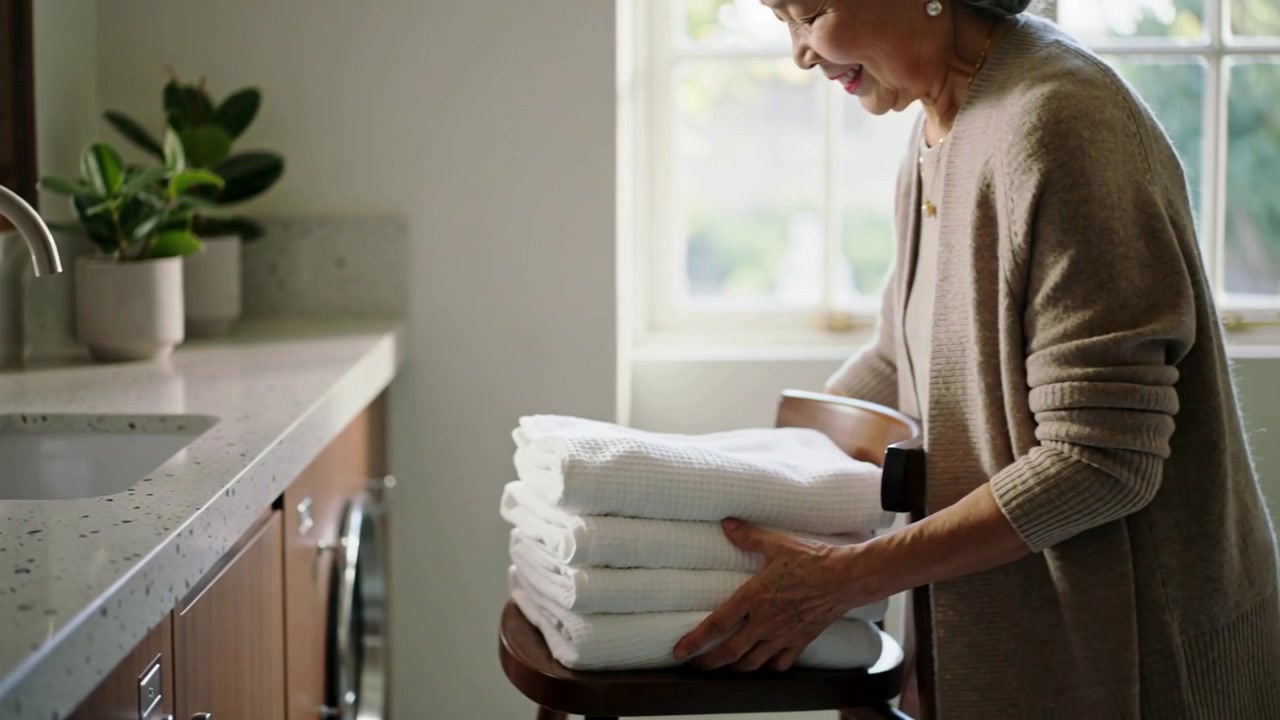 Lifting towels, senior woman carrying and tidying stack at bathroom sink in cardigan, copy space