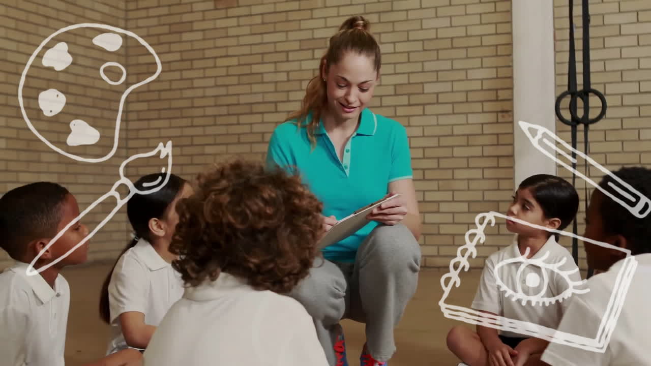 animación de iconos escolares sobre diversos escolares y maestras en el aula