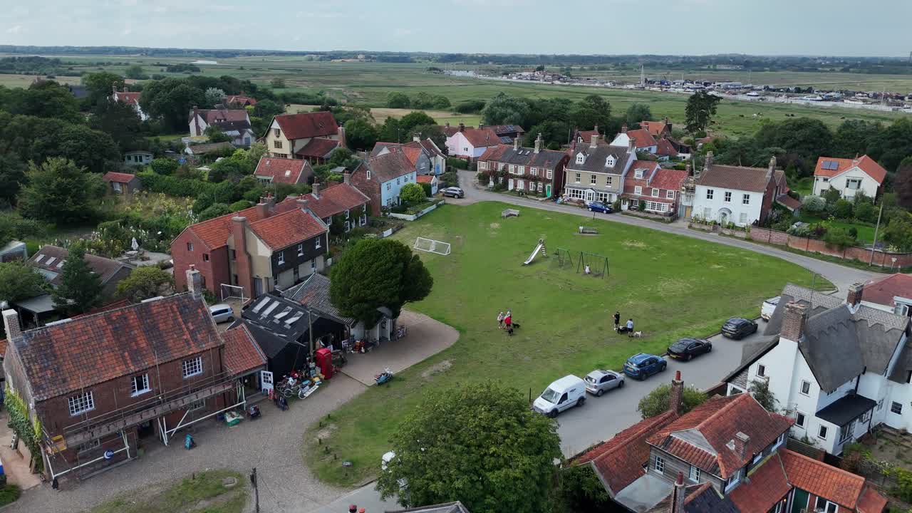 Panning drone aerial Walberswick Village England Suffolk coast drone,aerial