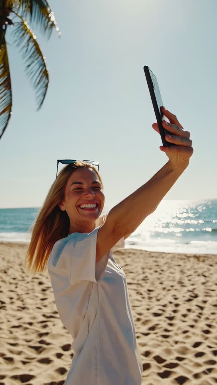 People Enjoying a Sunny Beach Vacation and Taking Selfies