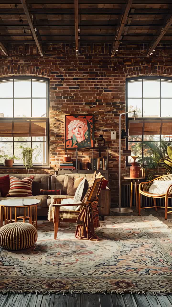 Vertical video: Panning camera framing loft living room, highlighting rug, bookshelf and portrait