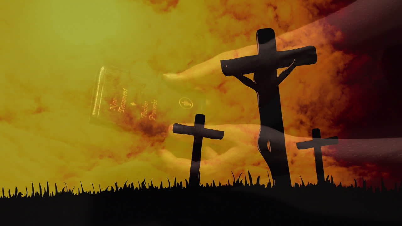 animación de una mujer caucásica leyendo la biblia sobre cruces y nubes