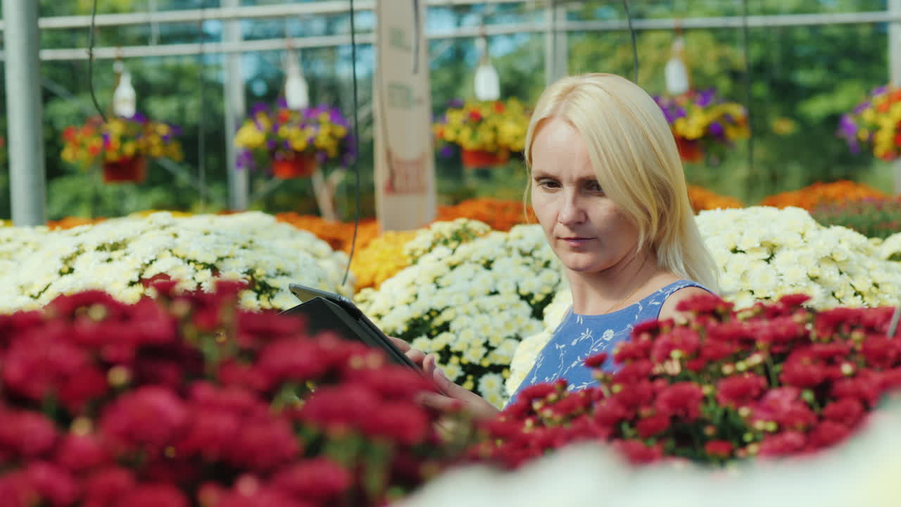 mujer usando una tableta en un vivero de plantas