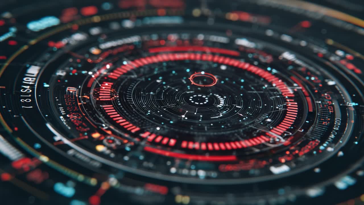 Futuristic Interface Visuals Displaying Dynamic Circular Patterns and Data Points in Red and Black, Representing Advanced Technology and Analytics