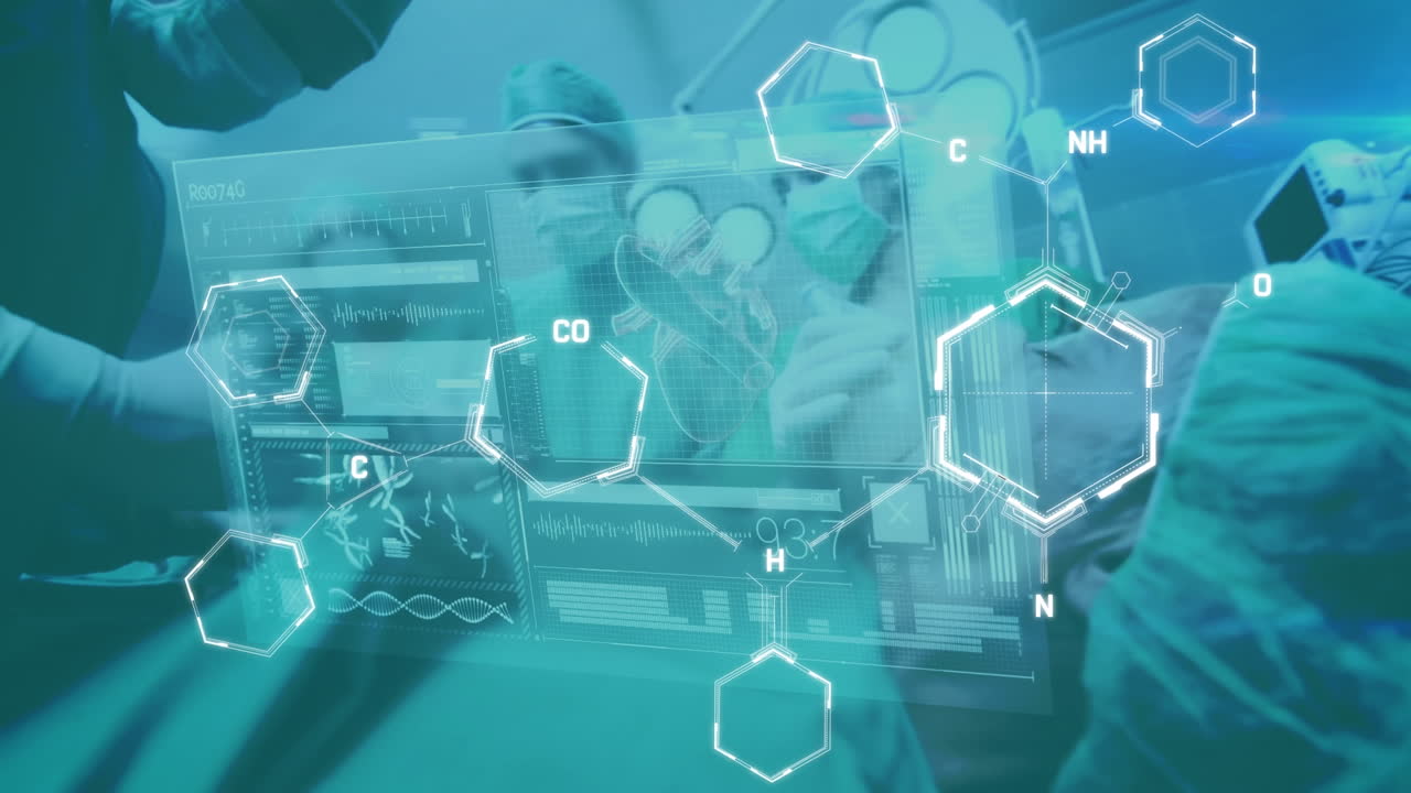 수술실에서 외과의사에 대한 화학 공식의 애니메이션