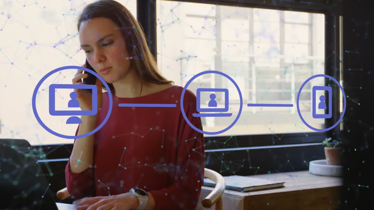 animación de iconos conectados sobre puntos conectados contra una mujer caucásica hablando por teléfono celular