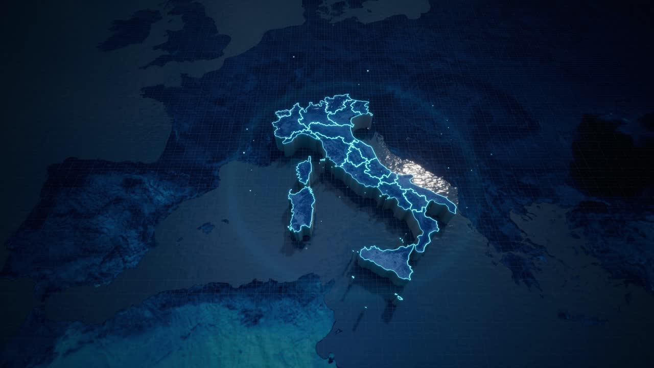 낙서, 파란색 네온 스타일로 테두리가 있는 이탈리아의 추상 기하학적 미래형 개념 3d 지도