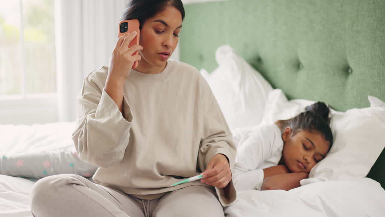 Sick child, mother and phone call with doctor