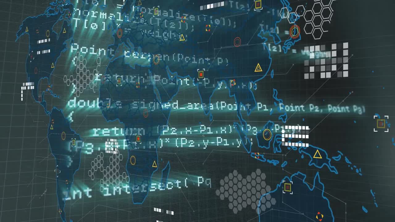 Animation of data processing over world map on black background