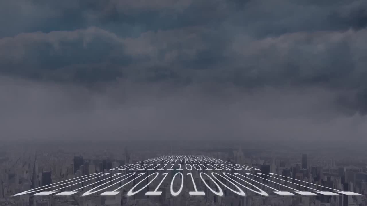 도시 풍경 위의 데이터 처리 애니메이션