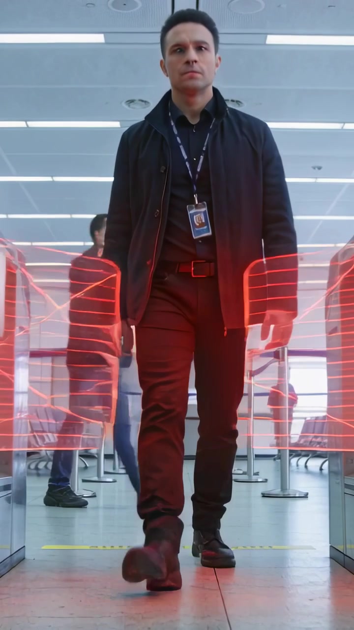 Vídeo vertical: Funcionário com crachá caminhando e passando pelo posto de controle do aeroporto para acesso, com scanners vermelhos ativos.