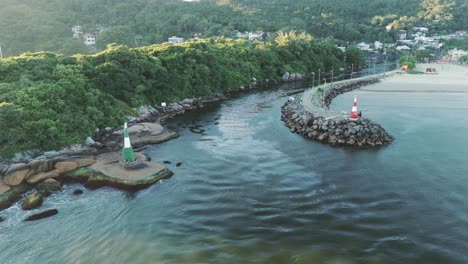 Aerial-view-of-lighthouses-on-the-canal-of-the-tourist-district-Barra-Da-Lagoa,-Santa-Catarina,-Florianópolis,-Brazil