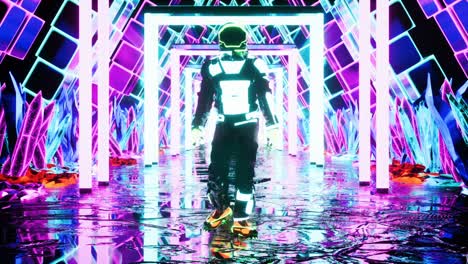 un astronauta luminoso camina a través de un túnel de neón. animación de bucle sin costuras de un tunel hecho de cristales brillantes para fondos de vj, dj o ciencia ficción.