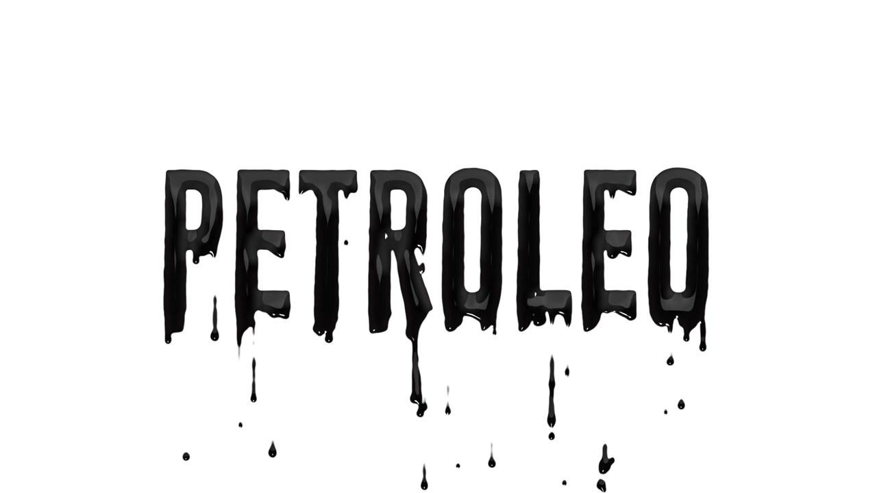 Text „Petroleo“ s efektem stékání, koncept ekologického problému, efekt ropné skvrny, poškození klimatu
