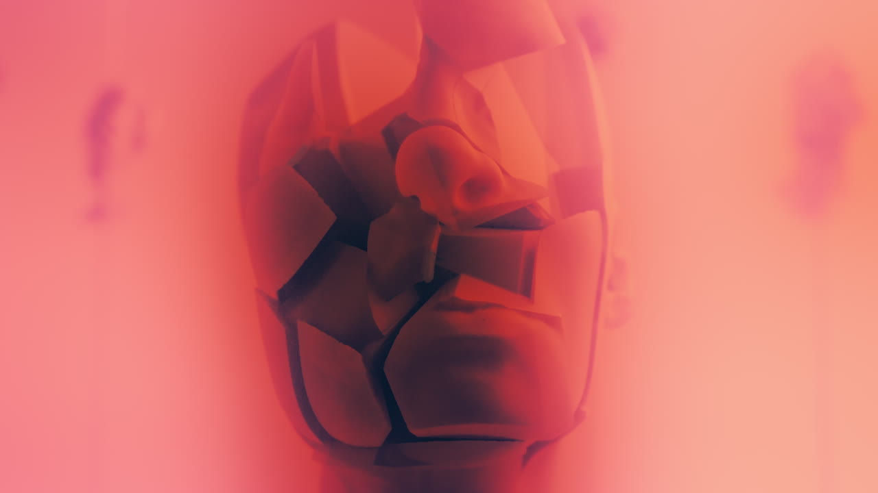 Destroyed android heads on spikes on the neon pink background