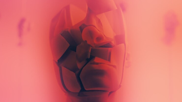 Destroyed android heads on spikes on the neon pink background