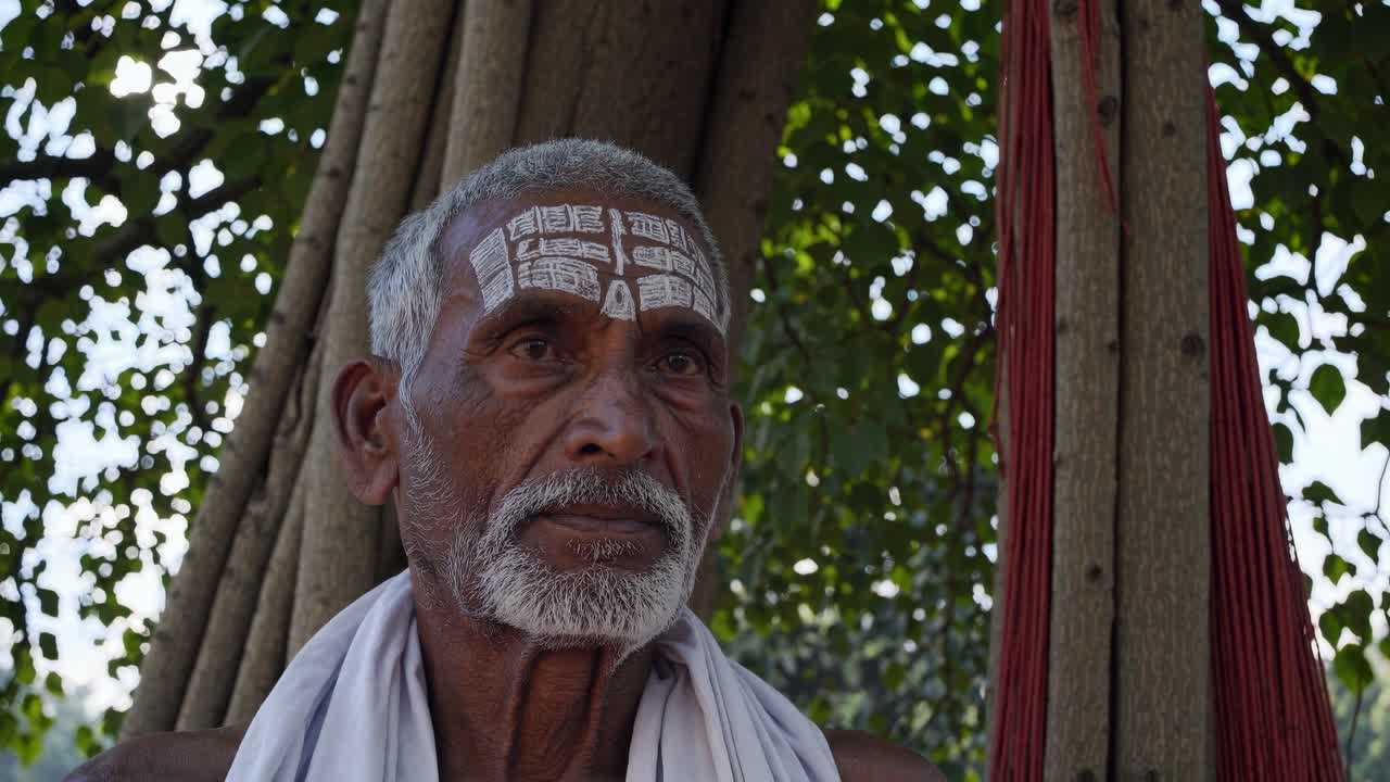Portrait of a senior indian priest with white tilaka on forehead standing under a sacred fig tree, representing spirituality, tradition, and religious devotion in India