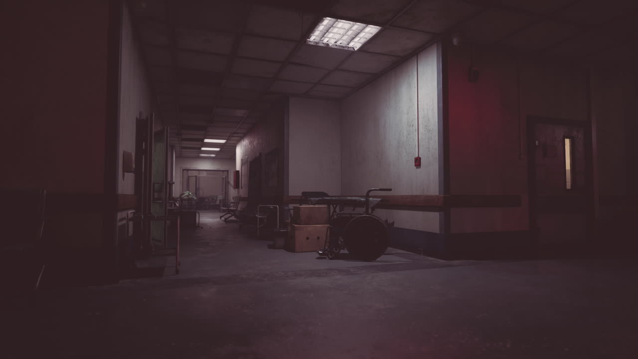 pasillo oscuro en un edificio abandonado con equipos médicos esparcidos por la noche