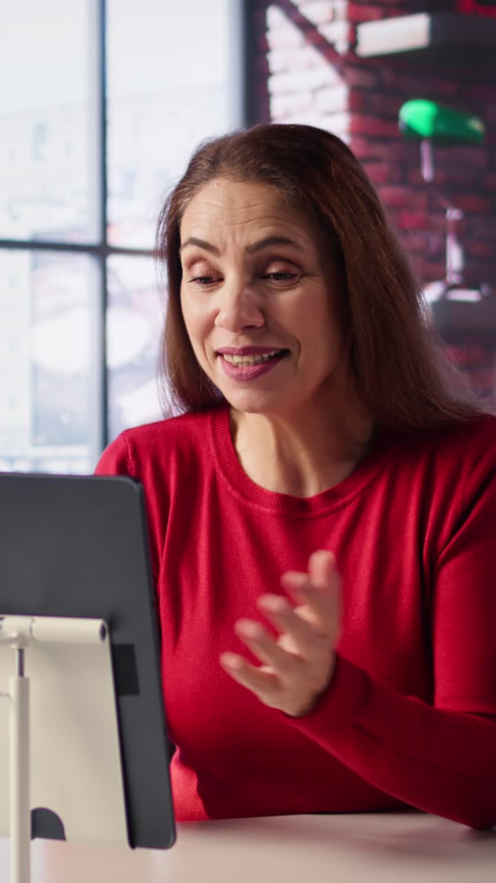 Vertical Video Excited woman joining online lesson to work on new skills from home desk