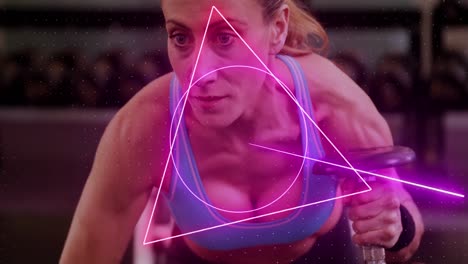 Animation-of-rotating-neon-scanner-processing-data-over-female-athlete-exercising-with-weights