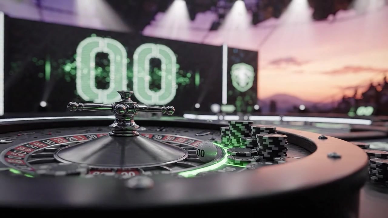 Un'emozionante esperienza di gioco alla roulette con fiches e luci al neon, circondata da un'atmosfera da casinò con elementi visivi di sfondo dinamici.