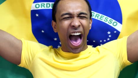 brazilian fan celebrates holding the flag of brazil in slow motion