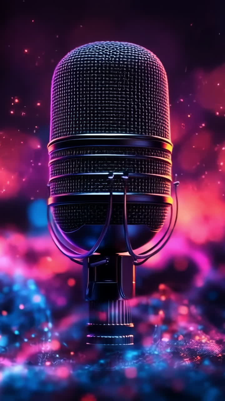 Vibrant light on mic. A microphone stands out against a backdrop of sparkling lights, creating a lively and dynamic atmosphere.