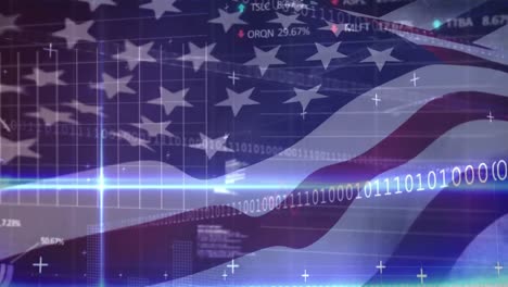 financial data processing against us flag waving