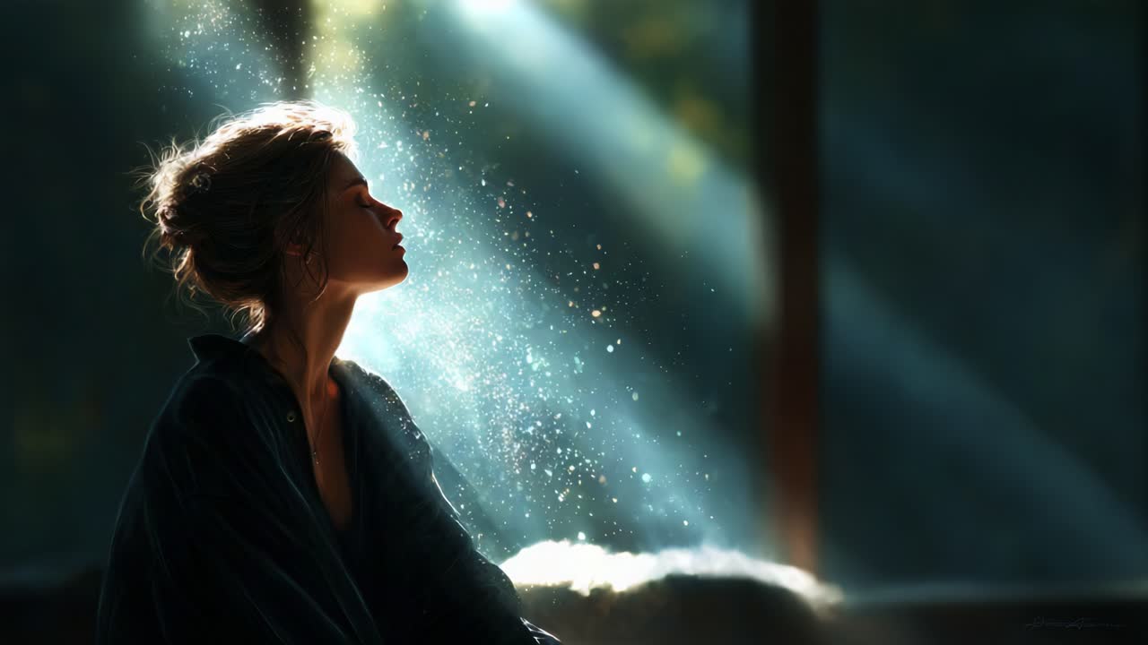 A Serene Moment of Reflection in a Sunlit Space: Captivating Rays of Light Illuminating the Silhouette of a Thoughtful Individual Lost in Contemplation Amidst Nature's Beauty