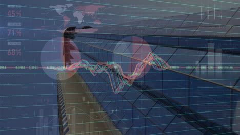 animation of statistical data processing against low angle view of tall building