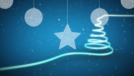 Animation-of-christmas-tree-formed-with-blue-ribbon-and-snow-falling