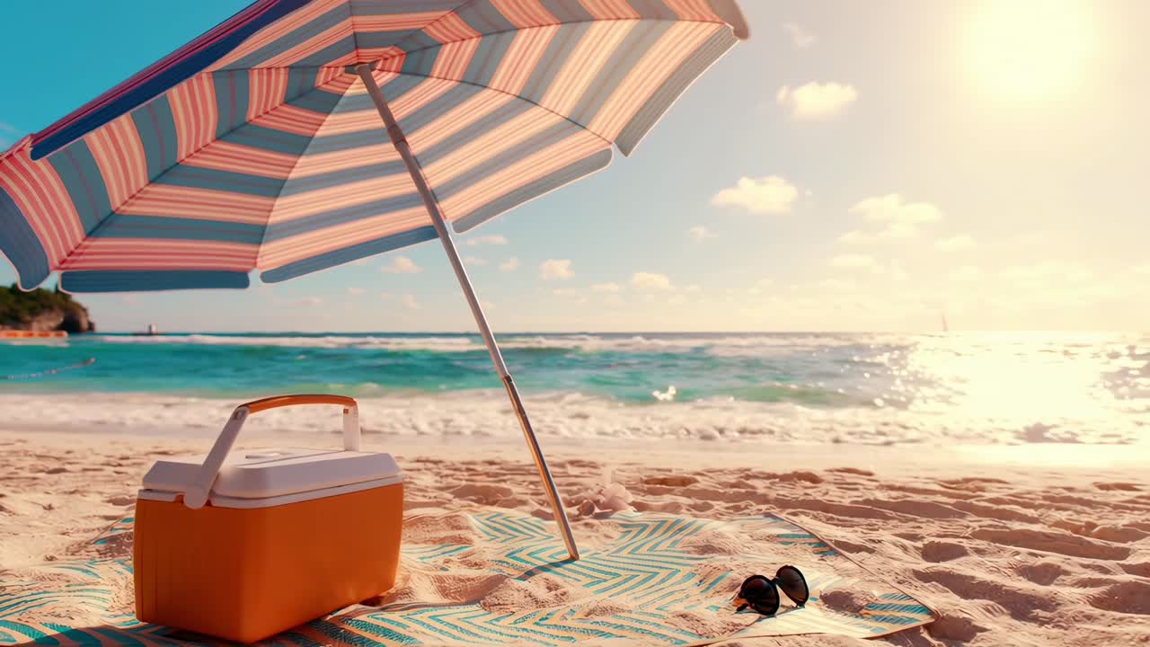 Sonnige Strandszene mit Sonnenschirm und Kühlbox, Aufnahme aus niedriger Perspektive