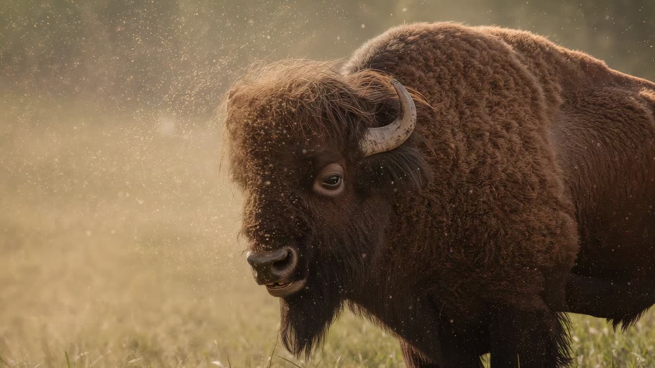 Standing adult American bison lowering head and chewing grass at golden hour, prompted by light