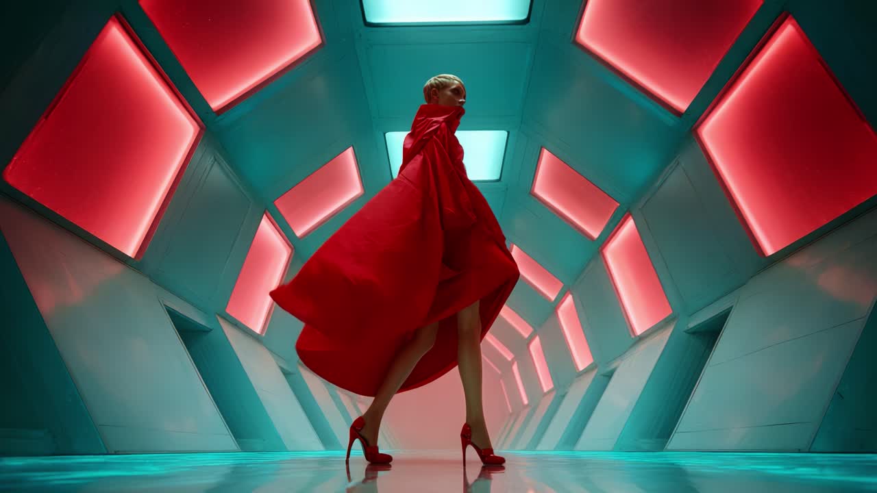 A striking figure in a flowing red cape strides confidently through a futuristic corridor illuminated by vibrant blue and red lights, blending elegance with modern design in a captivating scene