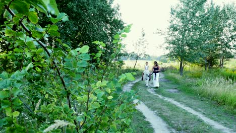a woman and a boy are walking around the field, son is riding a pony, mother is holding a pony for a bridle. cheerful, happy family vacation. outdoors, in summer, near the forest
