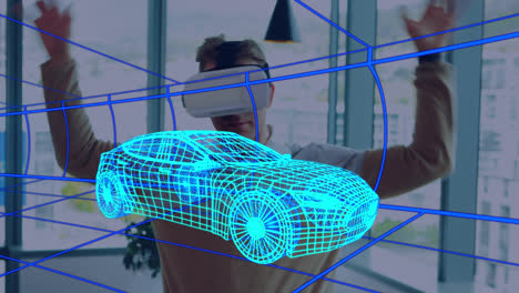 Animation-Einer-Digitalen-3D-Zeichnung-Eines-Autos-über-Einem-Mann-Mithilfe-Eines-VR-Headsets