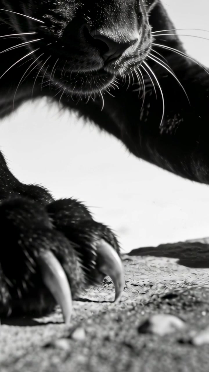 Video verticale: Gatto nero proteso in avanti che preme la zampa artigliata nella roccia per ancorare il corpo.