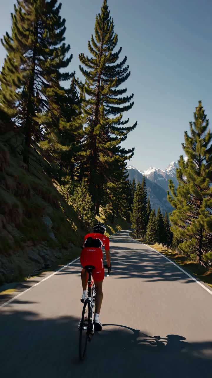 Video captures cyclists from a rear angle on a scenic mountain road, surrounded by tall trees