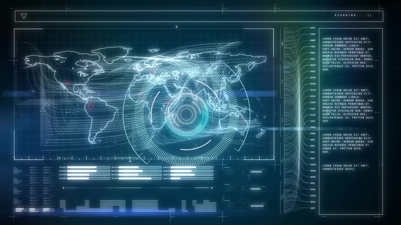 Animation of scope scanning, numbers and data processing on blue background
