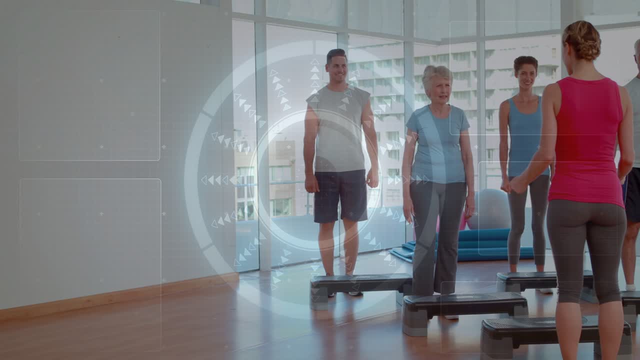 Instructor cueing, class stepping platforms for health, lifting knees, overlay shifting over group