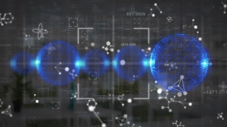 Animation of baubles with molecules and data processing over office