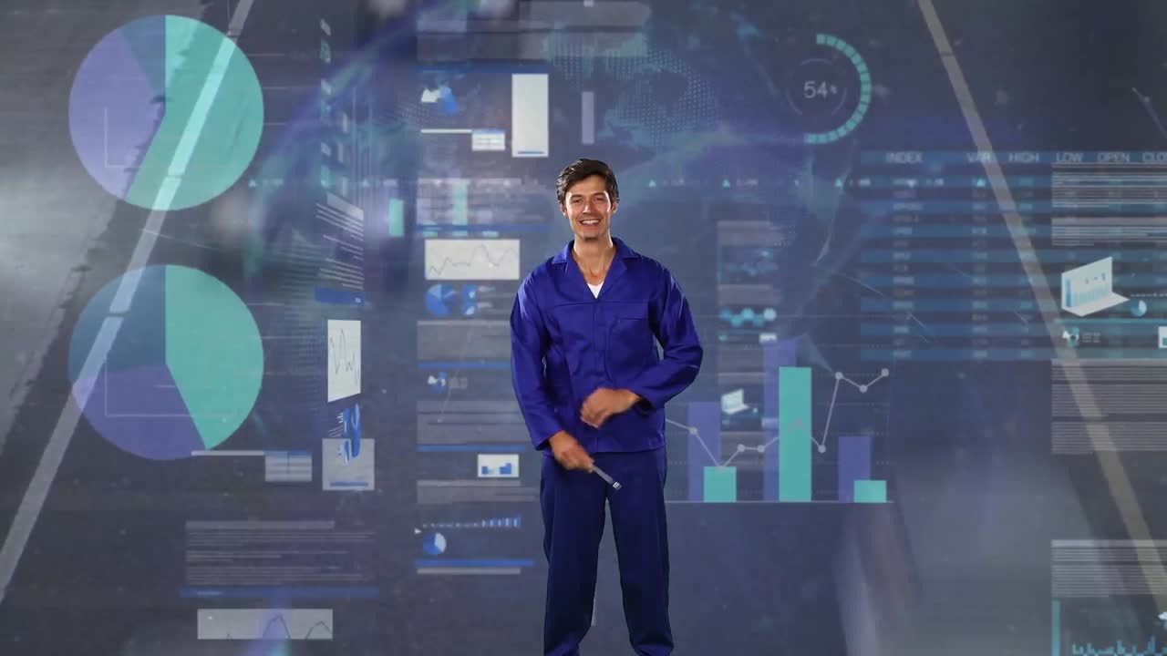 animación de diversos datos financieros y gráficos sobre el hombre caucásico feliz y el tráfico vial.