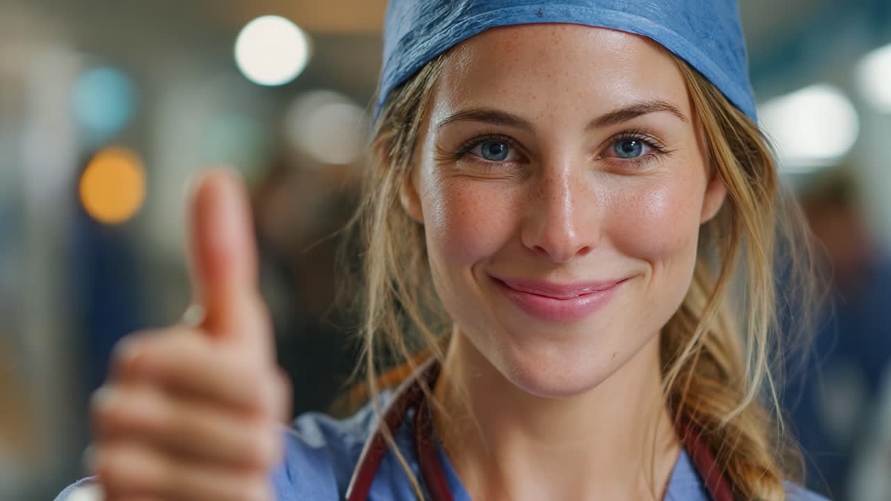 A Confident Healthcare Professional Celebrates Success with a Thumbs Up Gesture in a Bright Medical Environment, Highlighting the Importance of Positive Attitude in Healthcare Settings