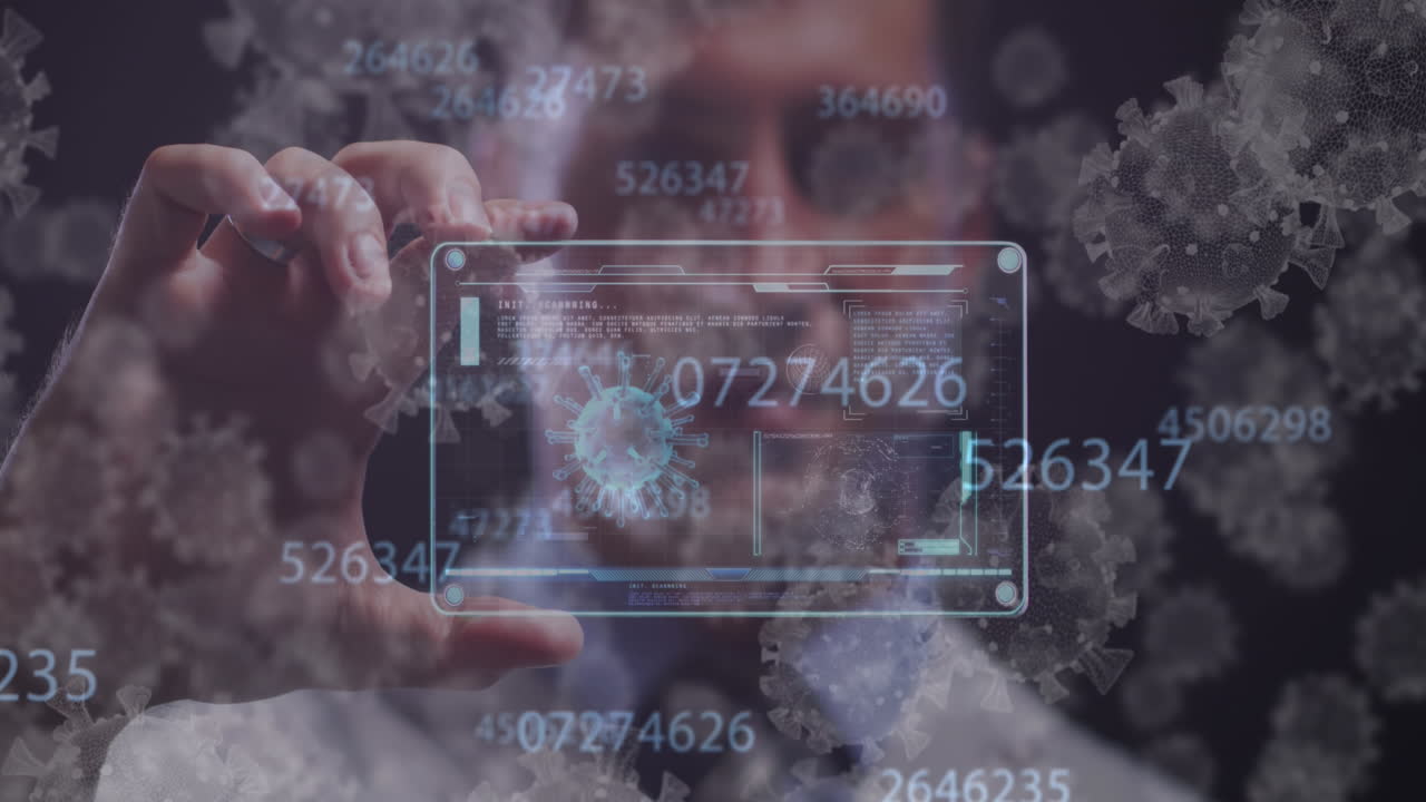 데이터 처리, 바이러스 세포, 디지털 인터페이스의 애니메이션 남성 의사 얼굴 마스크를 착용