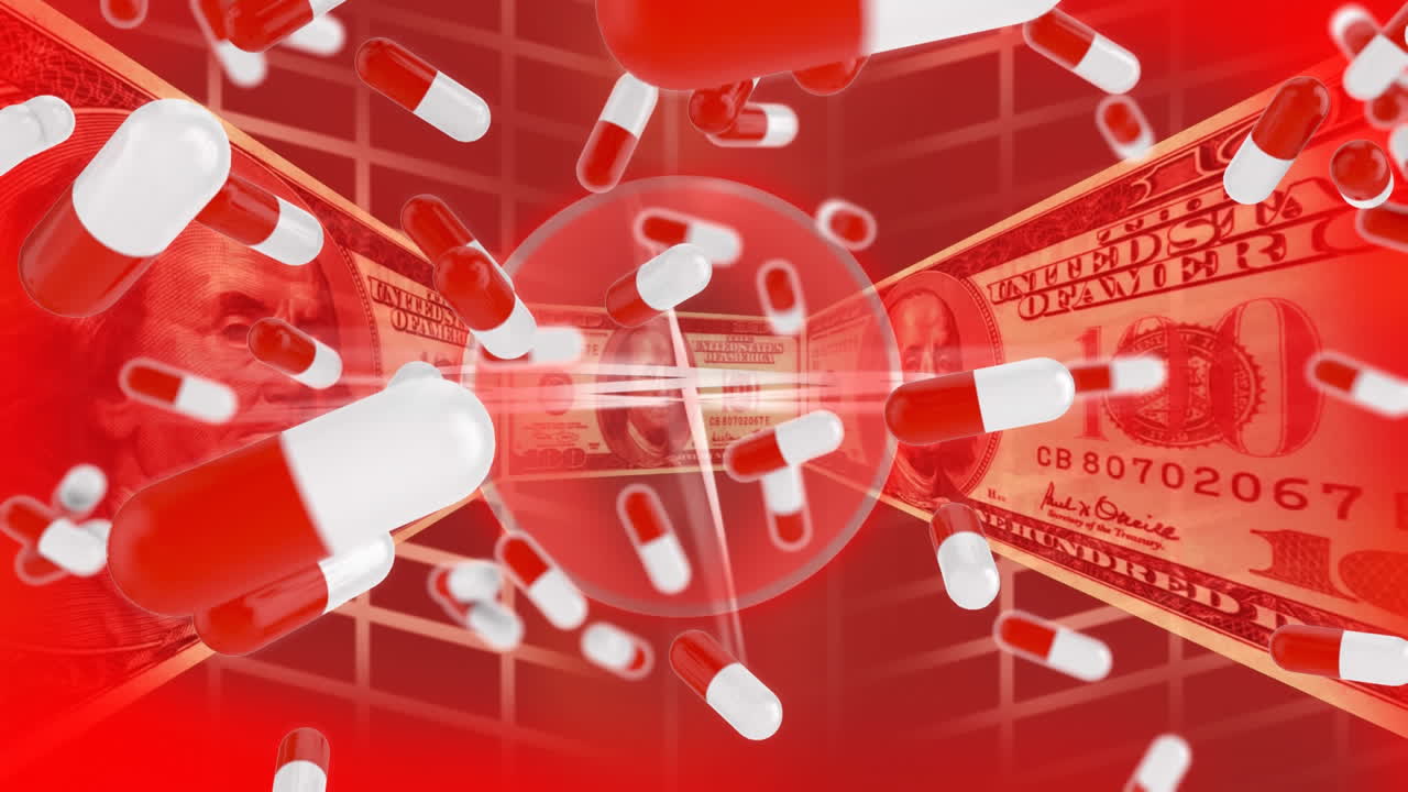 지폐로 둘러싸인 전구 위에 떨어지는 알약