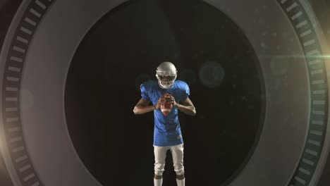 male rugby player wearing helmet holding rugby ball against round scanner on black background