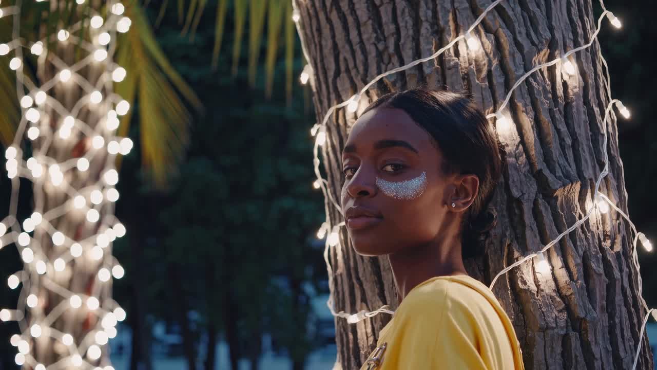 Stylish young woman in a yellow shirt with glitter makeup, standing against a tree at night