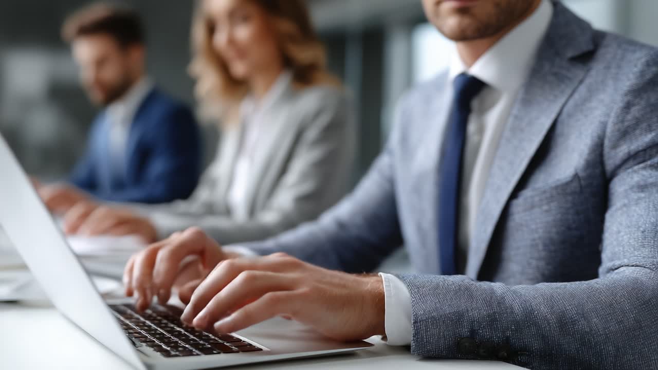 Professional Colleagues Collaborating in a Modern Office, Engaging with Laptops, Focused on Work and Productivity in a Corporate Environment