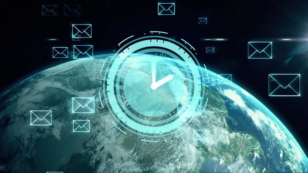 Animation of clock moving fast network of connections with envelopes over globe